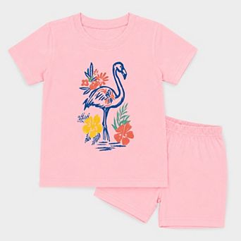 Flamingo Flowers Outline - Toddler Crew Shorts Set