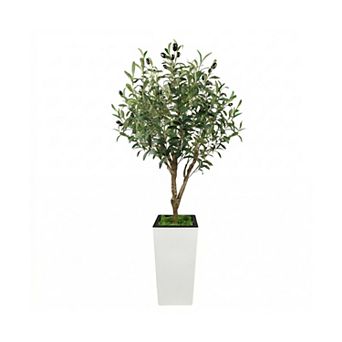 Realistic Artificial Olive Tree Lifelike Faux Plant for Home Decor, Decorative White Tall Pot