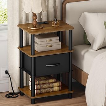 Bedroom Nightstand with Charging Station, Adjustable Drawer, 3 tier Tool-Free 2-Minute Assembly