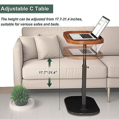 Adjustable Height C Shaped Side Table 360°Rotating Raised Edge Stable for Sofa Bed Bathtub