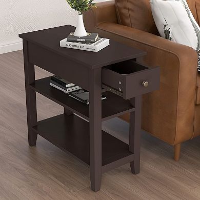 Black 3-Tier Narrow Side Table with Drawer & Shelves for Small Spaces Living Room Sofa End Table