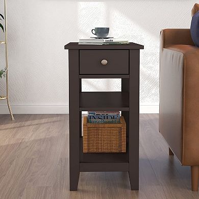 Black 3-Tier Narrow Side Table with Drawer & Shelves for Small Spaces Living Room Sofa End Table