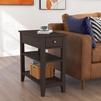 Black 3 tier Narrow Side Table with Drawer & Shelves for Small Spaces Living Room Sofa End Table