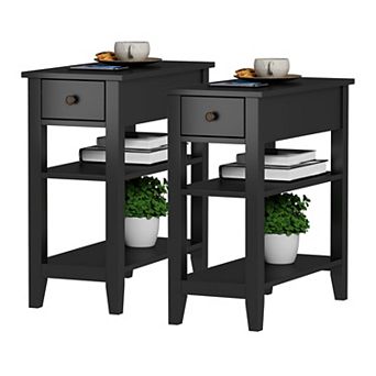 Black 3 tier Narrow Side Table with Drawer & Shelves for Small Spaces Living Room Sofa End Table