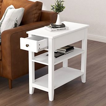 Black 3 tier Narrow Side Table with Drawer & Shelves for Small Spaces Living Room Sofa End Table