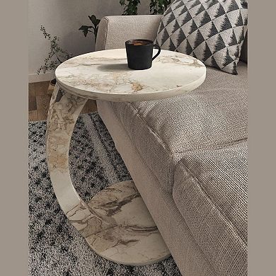 C Shaped End Table Faux Marble Rolling Couch Bedside Tray