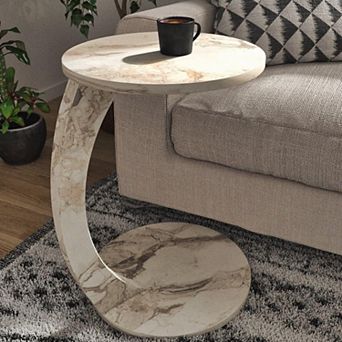 C Shaped End Table Faux Marble Rolling Couch Bedside Tray