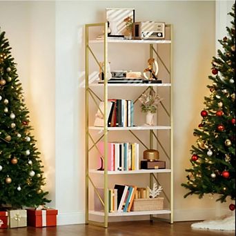 Bookcase Golden Wrought Iron Open Shelves Storage Organizer for Bedroom Living Room Office