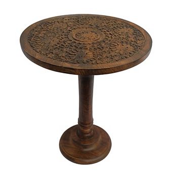 Ari 22 Inch Side End Table, Round Top, Hand Carved Indian Mandala Boho Accent, Brown Mango Wood