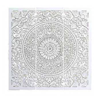 Josa 3 pc Wood Wall Panel Set, Mandala Floral Carving, Antique White Finish, 48 Inch Square Decor