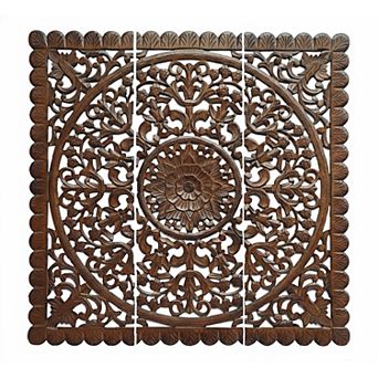 Josa 3 pc Wood Wall Panel Set, Mandala Floral Carving, Antique White Finish, 48 Inch Square Decor