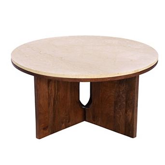 Kara Coffee Table, 29 Inch Round Botticino Marble Top, Brown Mango Wood 3 Panel Tripod Base