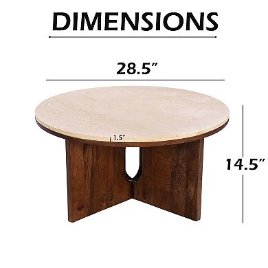 Kara Coffee Table, 29 Inch Round Botticino Marble Top, Brown Mango Wood 3 Panel Tripod Base