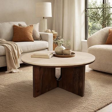 Kara Coffee Table, 29 Inch Round Botticino Marble Top, Brown Mango Wood 3 Panel Tripod Base