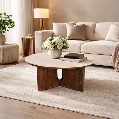 Kara Coffee Table, 29 Inch Round Botticino Marble Top, Brown Mango Wood 3 Panel Tripod Base