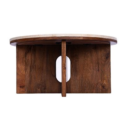 Kara Coffee Table, 29 Inch Round Botticino Marble Top, Brown Mango Wood 3 Panel Tripod Base