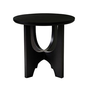 Sara Round Side End Table, 20 Inch Solid Mango Wood Top in Matte Black with Curved legs