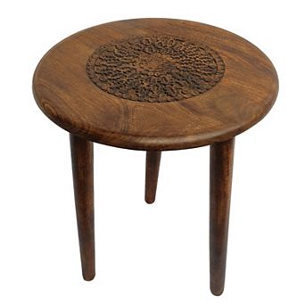 Ama 22 Inch Side End Table, Round Top, Indian Mandala Floral Carving, 3 Legs, Brown Mango Wood