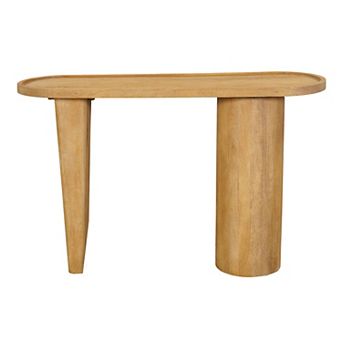 Sofa Console Table, 47 Inch Raised Edge Oval Shape Tray Top, Sandblasted Natural Brown Mango Wood