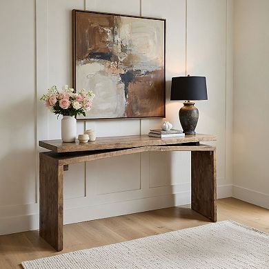 Keri Console Table, Solid Mango Wood Slab Top, Handcrafted Rustic Natural Brown, Organic Design
