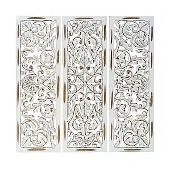 Leva 3 pc Wood Wall Decor Set, Moroccan Floral Carving, Antique White Finish, 36 Inch Square