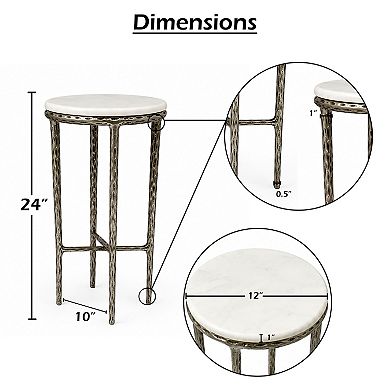 Minza Accent Side End Table, Modern Marble Round Top, Hand Forged, Hammered Finish