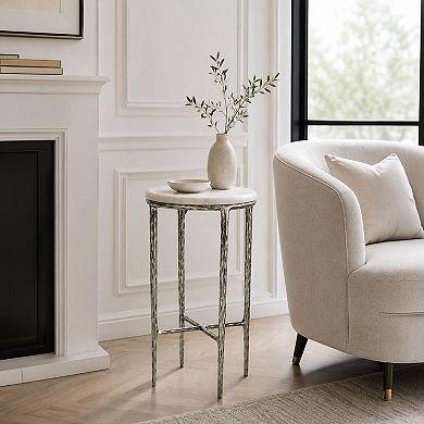 Minza Accent Side End Table, Modern Marble Round Top, Hand Forged, Hammered Finish