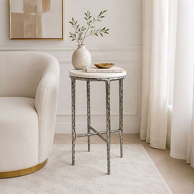 Minza Accent Side End Table, Modern Marble Round Top, Hand Forged, Hammered Finish