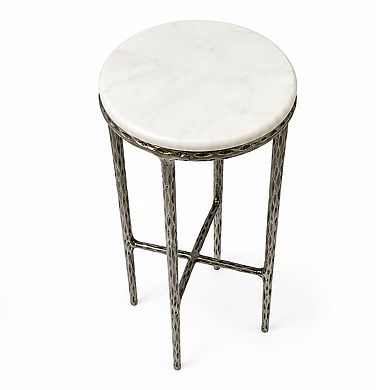 Minza Accent Side End Table, Modern Marble Round Top, Hand Forged, Hammered Finish