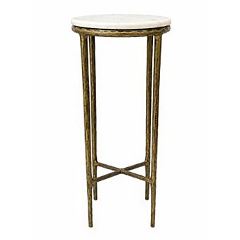 Minza Accent Side End Table, Modern Marble Round Top, Hand Forged, Hammered Finish