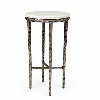 Minza Accent Side End Table, Modern Marble Round Top, Hand Forged, Hammered Finish