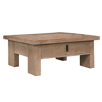 Les 36 Inch Square Coffee Table with Panel Legs, 2 Drawers, Matte Brown Mango Wood, Black Handles