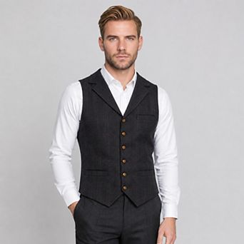 Men's Herringbone Plaid Dress Vest Classic Fit V Neck Suit Waistcoat