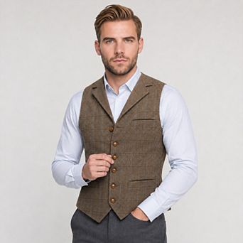 Men's Herringbone Plaid Dress Vest Classic Fit V Neck Suit Waistcoat