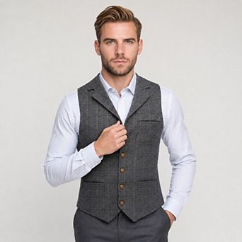Men's Herringbone Plaid Dress Vest Classic Fit V Neck Suit Waistcoat