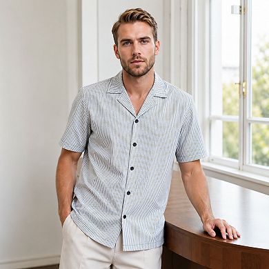 Men's Striped Short Sleeve Shirt Cuban Collar Summer Button Up
