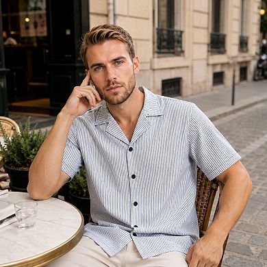 Men's Striped Short Sleeve Shirt Cuban Collar Summer Button Up