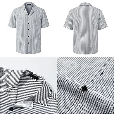 Men's Striped Short Sleeve Shirt Cuban Collar Summer Button Up