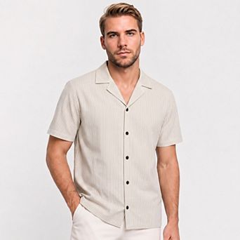 Men's Striped Short Sleeve Shirt Cuban Collar Summer Button Up