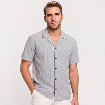 Men's Striped Short Sleeve Shirt Cuban Collar Summer Button Up
