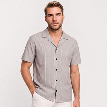 Men's Striped Short Sleeve Shirt Cuban Collar Summer Button Up