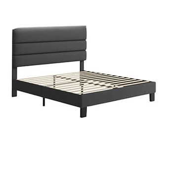 Bed Frame with Adjustable Headboard, Fabric Upholstered and Wooden Slats Support, Heavy Duty Mattres