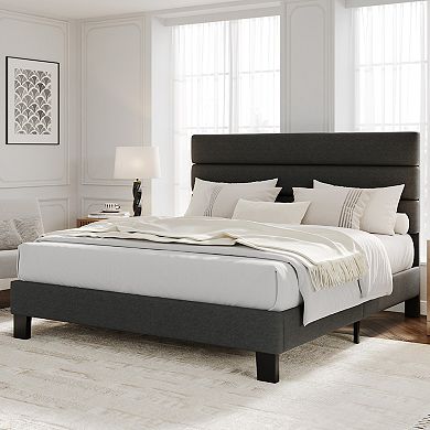 Bed Frame with Adjustable Headboard, Fabric Upholstered and Wooden Slats Support, Heavy Duty Mattres
