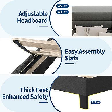Bed Frame with Adjustable Headboard, Fabric Upholstered and Wooden Slats Support, Heavy Duty Mattres