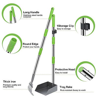 Dog Stainless Steel Rake Pooper Scooper Set, Rust Proof Tray And Rake Set with Adjustable Handles