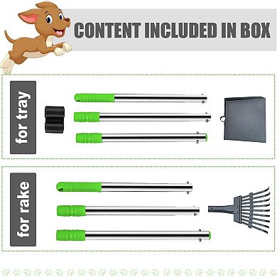 Dog Stainless Steel Rake Pooper Scooper Set, Rust Proof Tray And Rake Set with Adjustable Handles