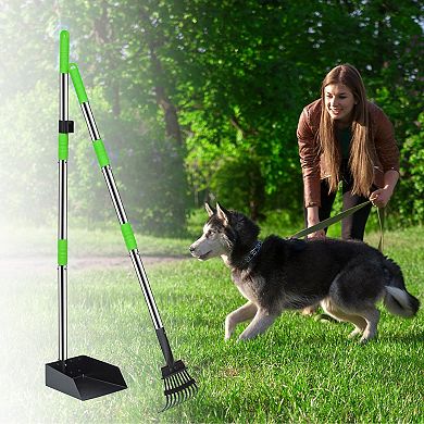 Dog Stainless Steel Rake Pooper Scooper Set, Rust Proof Tray And Rake Set with Adjustable Handles