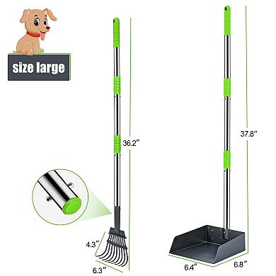 Dog Stainless Steel Rake Pooper Scooper Set, Rust Proof Tray And Rake Set with Adjustable Handles