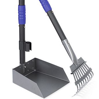 Dog Stainless Steel Rake Pooper Scooper Set, Rust Proof Tray And Rake Set with Adjustable Handles