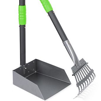 Dog Stainless Steel Rake Pooper Scooper Set, Rust Proof Tray And Rake Set with Adjustable Handles